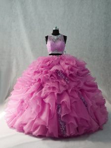 Edgy Pink Scoop Beading and Ruffles 15 Quinceanera Dress Organza Brush Train