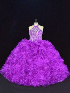 Exceptional Purple Sleeveless Floor Length Beading and Ruffles Lace Up Sweet 16 Quinceanera Dress