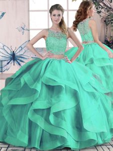 Turquoise Sleeveless Floor Length Beading and Ruffles Lace Up Ball Gown Prom Dress