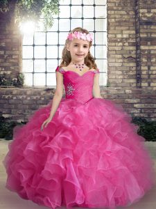 Hot Pink Ball Gowns Straps Sleeveless Organza Floor Length Lace Up Beading and Ruffles Little Girl Pageant Dress