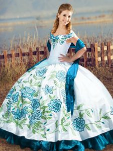Blue And White Lace Up Off The Shoulder Embroidery and Ruffles Quince Ball Gowns Satin Sleeveless