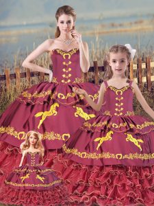 Burgundy Satin and Organza Zipper Sweetheart Sleeveless Floor Length Vestidos de Quinceanera Embroidery and Ruffled Layers