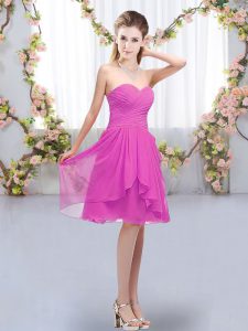 Simple Fuchsia Lace Up Quinceanera Court of Honor Dress Ruffles and Ruching Sleeveless Knee Length