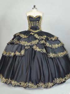 Fabulous Black Satin Lace Up Sweetheart Sleeveless Floor Length 15 Quinceanera Dress Embroidery