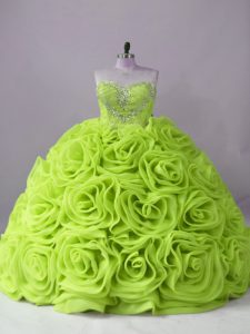 Lovely Sleeveless Beading Lace Up Quinceanera Gown with Yellow Green Brush Train