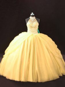 Classical Tulle Halter Top Sleeveless Lace Up Beading and Pick Ups Sweet 16 Dresses in Gold