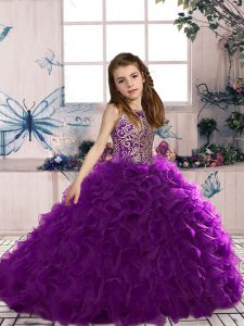 Lovely Sleeveless Lace Up Floor Length Beading and Ruffles Little Girls Pageant Gowns