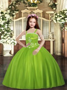 Olive Green Ball Gowns Straps Sleeveless Tulle Floor Length Lace Up Beading Little Girls Pageant Dress Wholesale