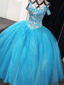 Dramatic Ball Gowns 15th Birthday Dress Baby Blue Straps Tulle Sleeveless Floor Length Lace Up