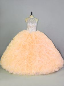 Peach Sleeveless Organza Lace Up Quince Ball Gowns for Sweet 16 and Quinceanera