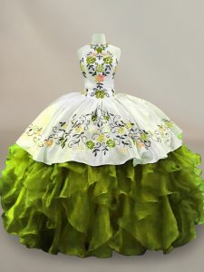 Trendy Sleeveless Organza Floor Length Side Zipper Quinceanera Dress in Olive Green with Embroidery and Ruffles