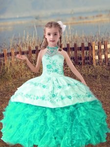 Admirable Turquoise Child Pageant Dress Wedding Party with Beading and Embroidery and Ruffles Halter Top Sleeveless Lace Up