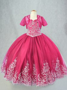 Hot Pink Spaghetti Straps Neckline Beading and Embroidery Little Girls Pageant Dress Wholesale Sleeveless Lace Up