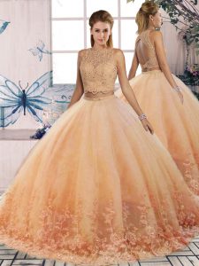 Peach Sleeveless Sweep Train Lace Quinceanera Gown
