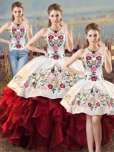 Noble Floor Length Lace Up Vestidos de Quinceanera White And Red for Sweet 16 and Quinceanera with Embroidery and Ruffles