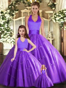 Purple Lace Up Halter Top Beading 15th Birthday Dress Tulle Sleeveless