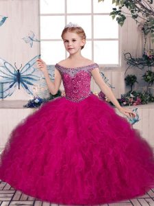 Floor Length Fuchsia Little Girls Pageant Dress Wholesale Tulle Sleeveless Beading and Ruffles