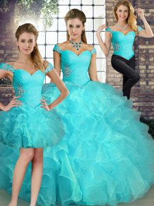 Aqua Blue Quinceanera Dresses Military Ball and Sweet 16 and Quinceanera with Beading and Ruffles Off The Shoulder Sleeveless Lace Up