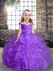Low Price Purple Ball Gowns Straps Sleeveless Organza Floor Length Lace Up Beading Pageant Gowns For Girls