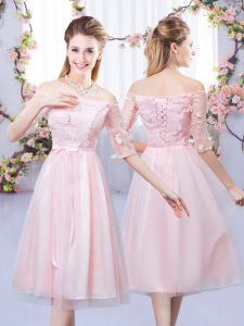 Flirting Tulle Off The Shoulder Half Sleeves Lace Up Lace and Belt Damas Dress in Baby Pink