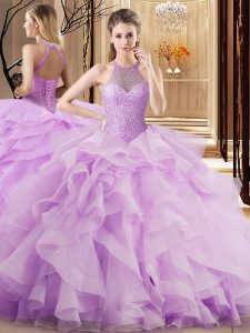 Lilac Sleeveless Beading and Ruffles Lace Up Quinceanera Dresses