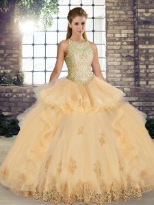 Beautiful Scoop Sleeveless Sweet 16 Dress Floor Length Lace and Embroidery and Ruffles Champagne Tulle