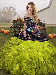 Olive Green Ball Gowns Organza Off The Shoulder Sleeveless Embroidery and Ruffles Floor Length Lace Up Sweet 16 Dresses