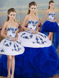 Royal Blue Tulle Lace Up Sweetheart Sleeveless Floor Length 15th Birthday Dress Embroidery and Ruffles and Bowknot