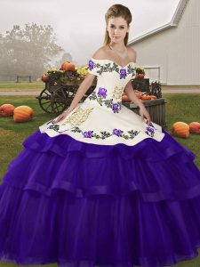 Purple Ball Gowns Off The Shoulder Sleeveless Tulle Brush Train Lace Up Embroidery and Ruffled Layers Sweet 16 Dress
