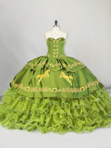 Embroidery and Ruffled Layers Vestidos de Quinceanera Olive Green Lace Up Sleeveless Brush Train