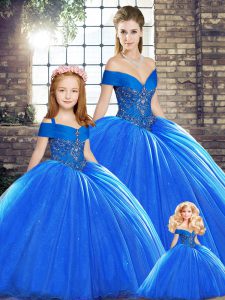 Admirable Off The Shoulder Sleeveless Quinceanera Dresses Brush Train Beading Royal Blue Organza