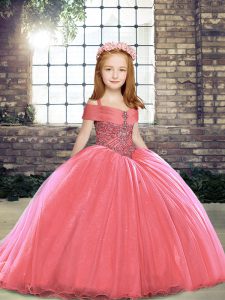 Watermelon Red Little Girls Pageant Dress Wholesale Straps Sleeveless Brush Train Lace Up