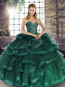 Glamorous Peacock Green Lace Up Sweetheart Beading and Ruffles Quinceanera Dress Tulle Sleeveless