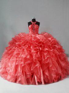 Coral Red Quinceanera Dress Sweet 16 and Quinceanera with Beading and Ruffles Halter Top Sleeveless Brush Train Zipper