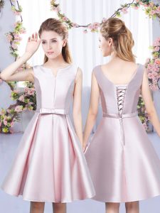 Baby Pink A-line Bowknot Dama Dress Lace Up Satin Sleeveless Mini Length