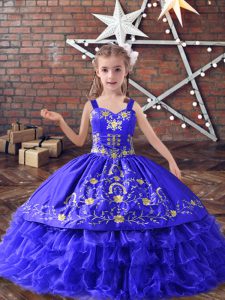 Blue Lace Up Girls Pageant Dresses Embroidery and Ruffled Layers Sleeveless Floor Length