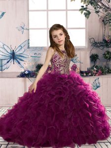 Beading and Ruffles Child Pageant Dress Fuchsia Lace Up Sleeveless Floor Length