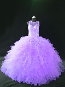 Graceful Scoop Sleeveless Lace Up Vestidos de Quinceanera Lavender Organza