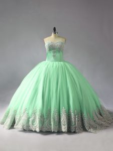 Appliques Quinceanera Gown Apple Green Lace Up Sleeveless Court Train