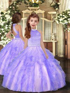 Ball Gowns Little Girl Pageant Dress Lavender High-neck Tulle Sleeveless Floor Length Backless