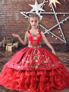 Low Price Red Ball Gowns Satin and Organza Straps Sleeveless Embroidery and Ruffled Layers Floor Length Lace Up Little Girls Pageant Gowns