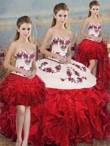 White And Red Ball Gowns Organza Sweetheart Sleeveless Embroidery and Ruffles and Bowknot Floor Length Lace Up Quince Ball Gowns
