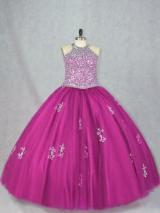 Adorable Sleeveless Floor Length Beading and Appliques Lace Up 15th Birthday Dress with Fuchsia