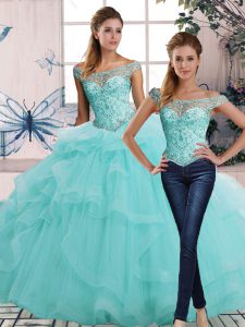 Captivating Aqua Blue Lace Up Off The Shoulder Beading and Ruffles Quinceanera Dress Tulle Sleeveless