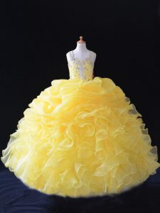 High Class Yellow Pageant Gowns For Girls Wedding Party with Beading and Ruffles and Pick Ups Straps Sleeveless Zipper