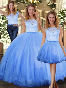 Blue Sleeveless Lace Floor Length Vestidos de Quinceanera