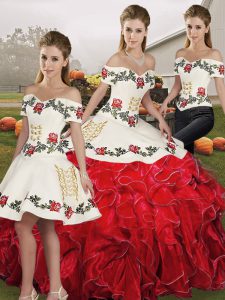 Glittering Floor Length White And Red Sweet 16 Quinceanera Dress Organza Sleeveless Embroidery and Ruffles