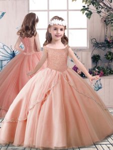 Most Popular Peach Off The Shoulder Lace Up Beading Little Girl Pageant Dress Sleeveless