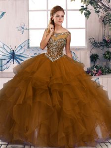 Excellent Sleeveless Floor Length Beading and Ruffles Zipper Ball Gown Prom Dress with Brown