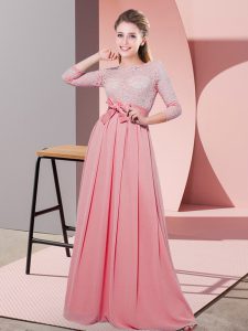 Watermelon Red Quinceanera Court of Honor Dress Wedding Party with Lace and Belt Scoop 3 4 Length Sleeve Side Zipper
